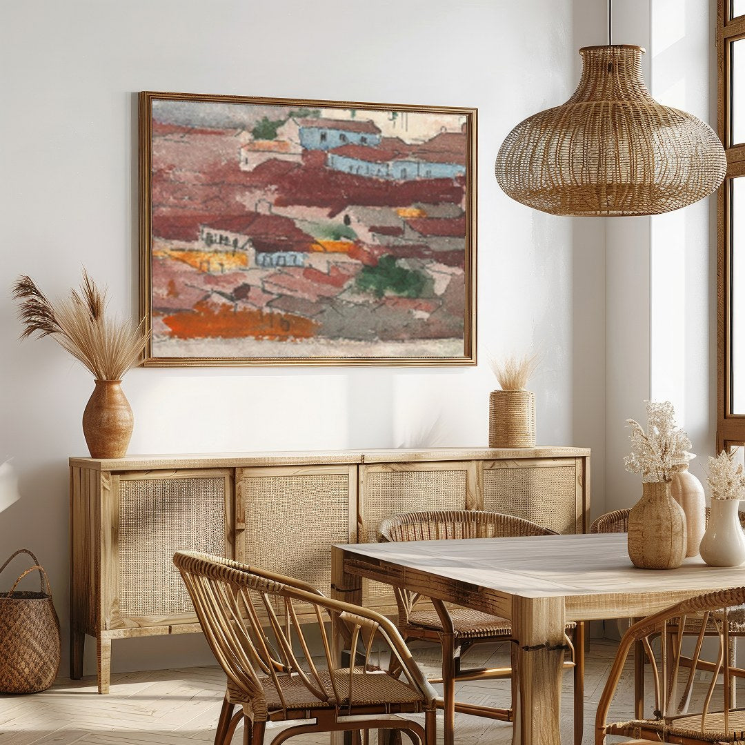 This captivating piece of wall art features a tranquil village nestled against a backdrop of for Dining