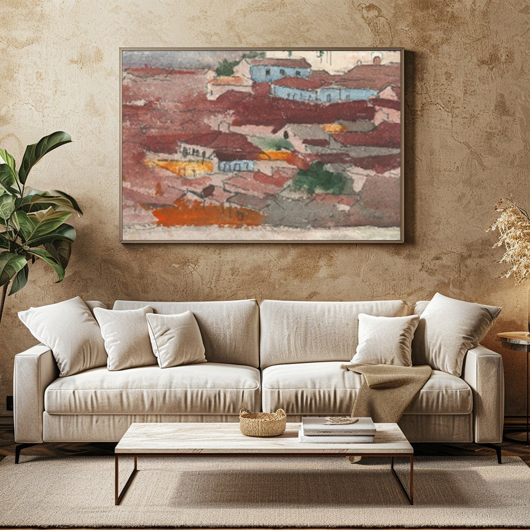 This captivating piece of wall art features a tranquil village nestled against a backdrop of for Family Room