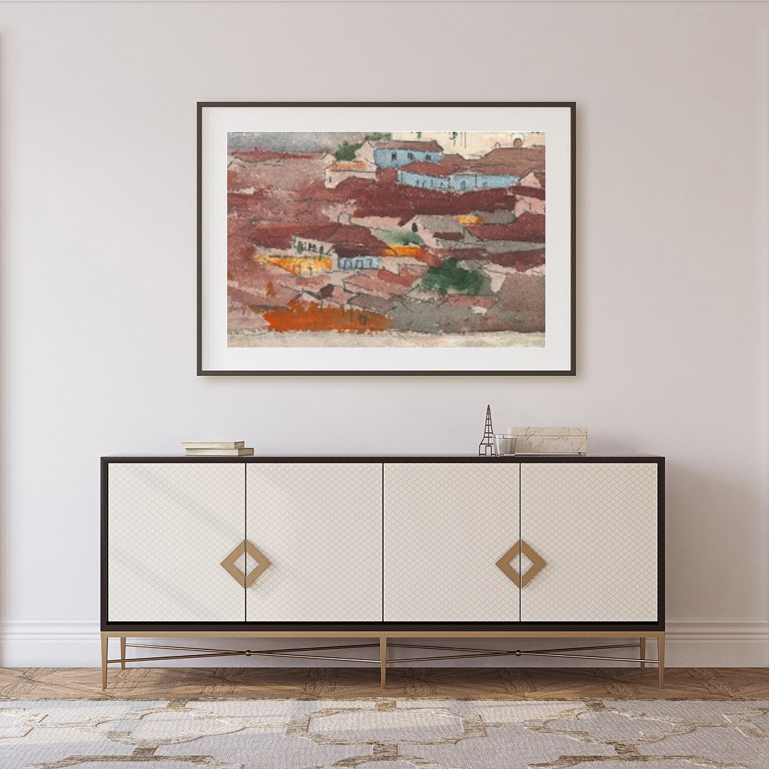 This captivating piece of wall art features a tranquil village nestled against a backdrop of for Foyer