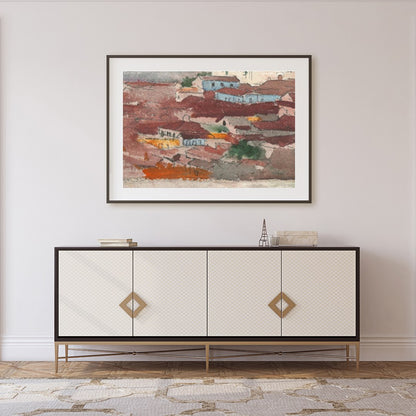 This captivating piece of wall art features a tranquil village nestled against a backdrop of for Foyer
