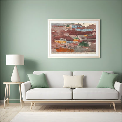 This captivating piece of wall art features a tranquil village nestled against a backdrop of for Hall