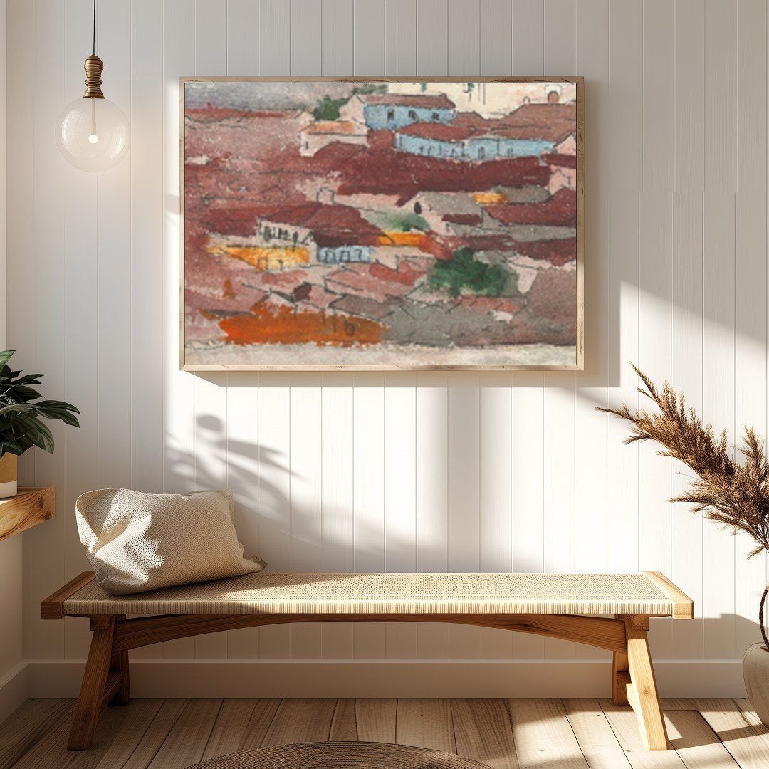 This captivating piece of wall art features a tranquil village nestled against a backdrop of for Hallway