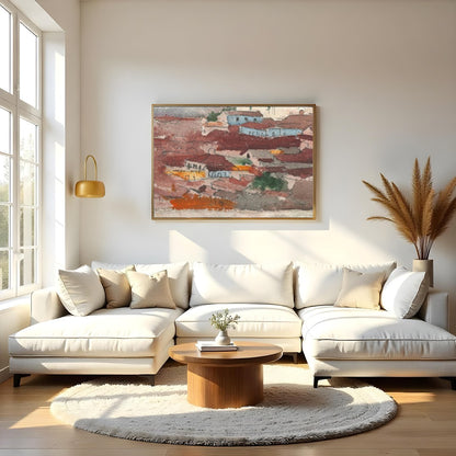 This captivating piece of wall art features a tranquil village nestled against a backdrop of for Living Room