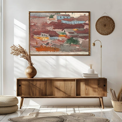 This captivating piece of wall art features a tranquil village nestled against a backdrop of for Sitting Area
