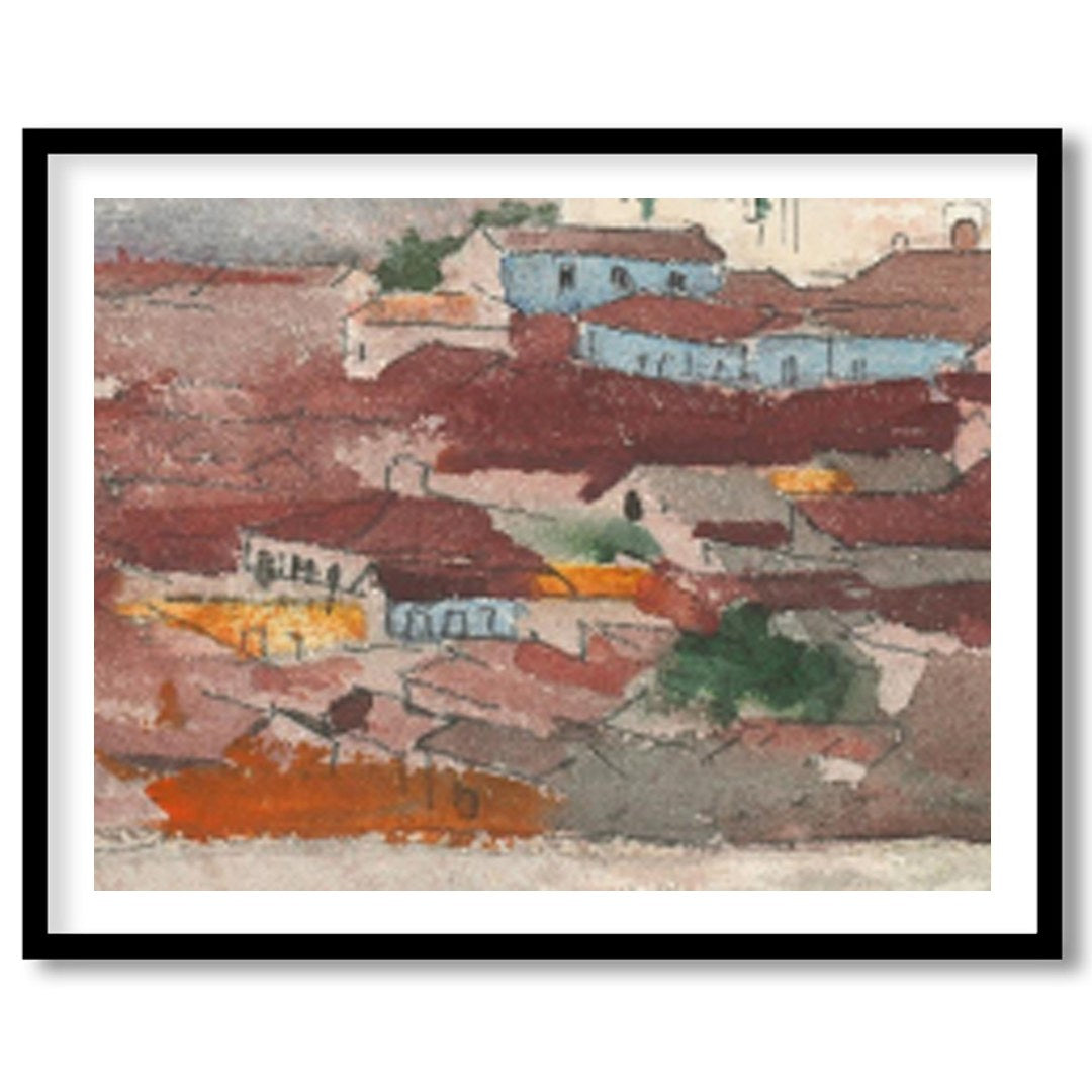 This captivating piece of wall art features a tranquil village nestled against a backdrop of for space