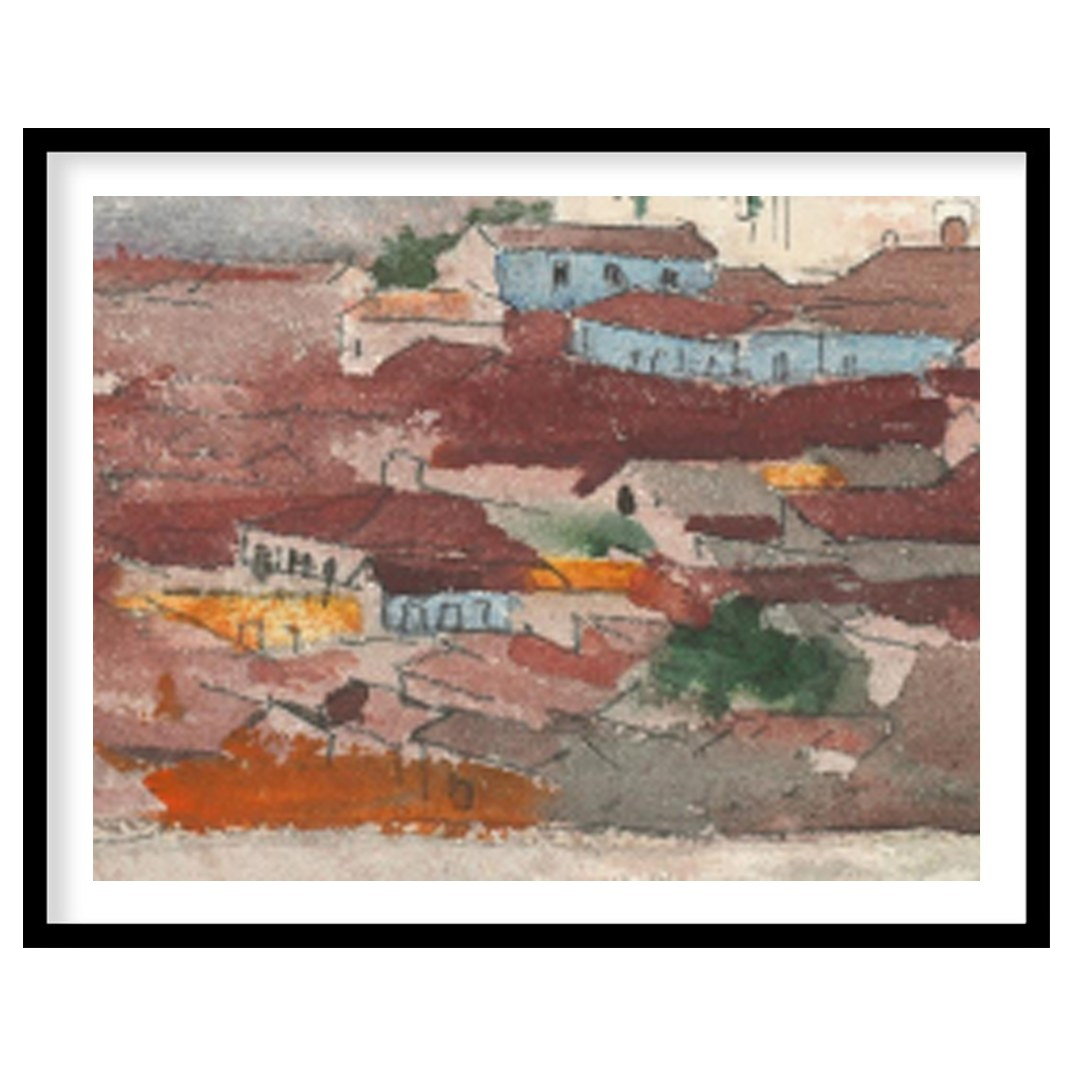 This captivating piece of wall art features a tranquil village nestled against a backdrop of for space