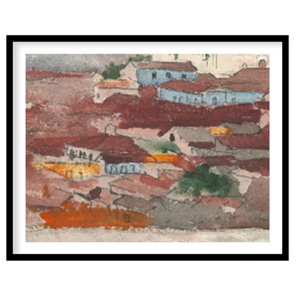 This captivating piece of wall art features a tranquil village nestled against a backdrop of for space