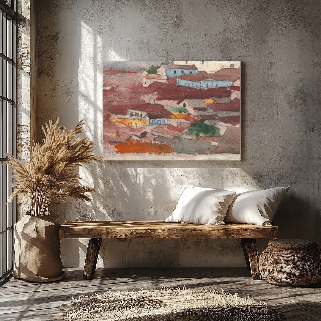This captivating piece of wall art features a tranquil village nestled against a backdrop of for Veranda