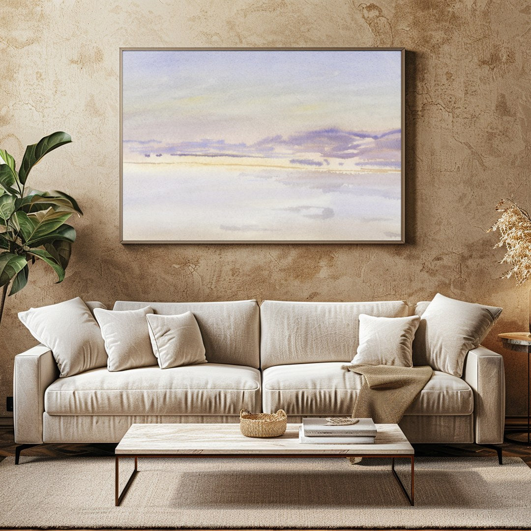 This exquisite watercolor artwork captures the tranquil essence of a lavender-tinted horizon at for Family Room