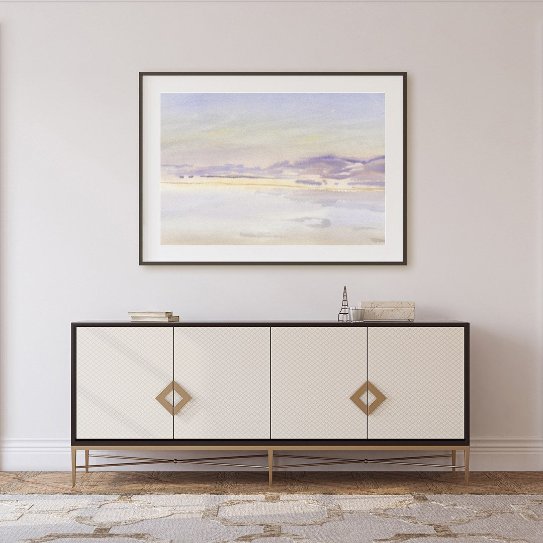 This exquisite watercolor artwork captures the tranquil essence of a lavender-tinted horizon at for Foyer