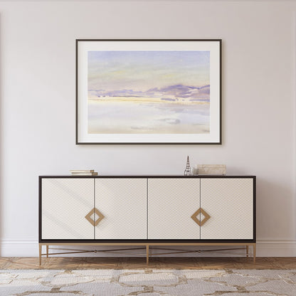 This exquisite watercolor artwork captures the tranquil essence of a lavender-tinted horizon at for Foyer