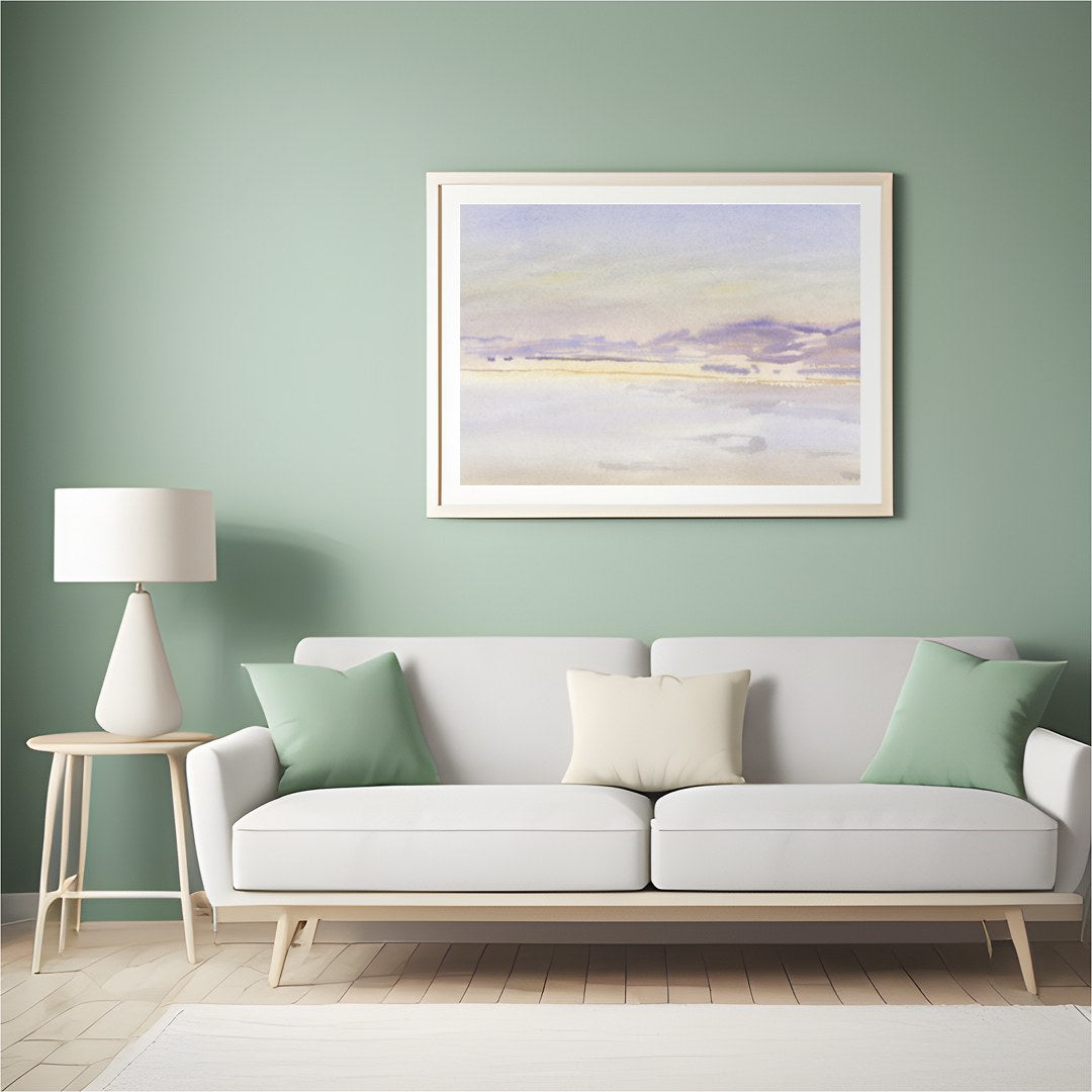 This exquisite watercolor artwork captures the tranquil essence of a lavender-tinted horizon at for Hall