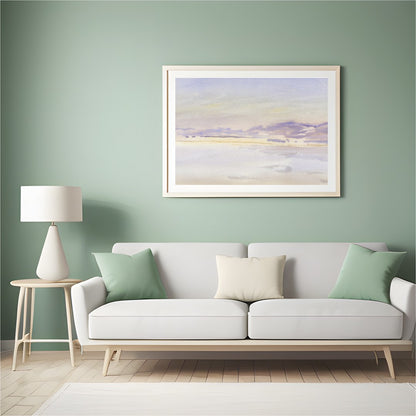 This exquisite watercolor artwork captures the tranquil essence of a lavender-tinted horizon at for Hall