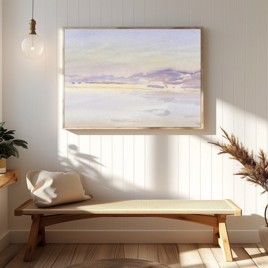 This exquisite watercolor artwork captures the tranquil essence of a lavender-tinted horizon at for Hallway