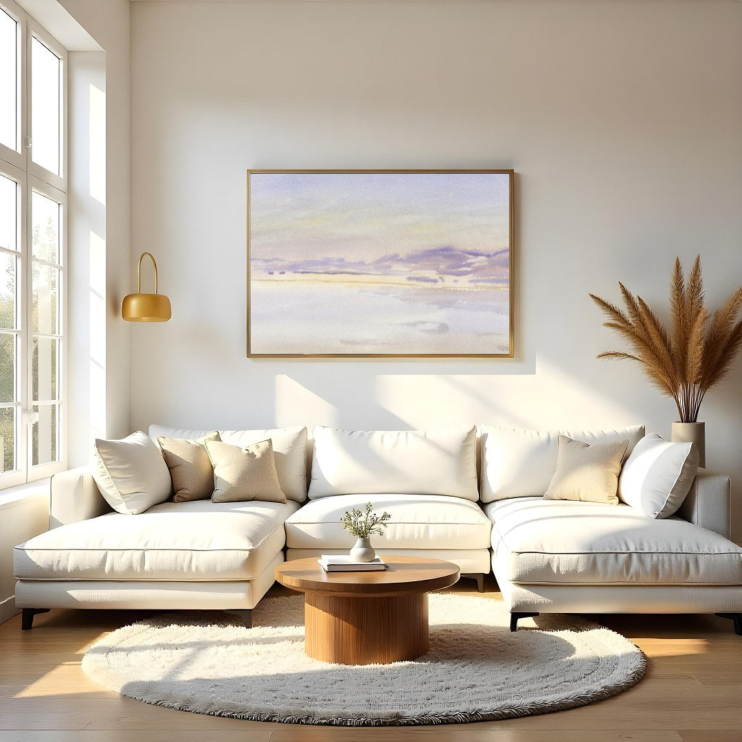 This exquisite watercolor artwork captures the tranquil essence of a lavender-tinted horizon at for Living Room
