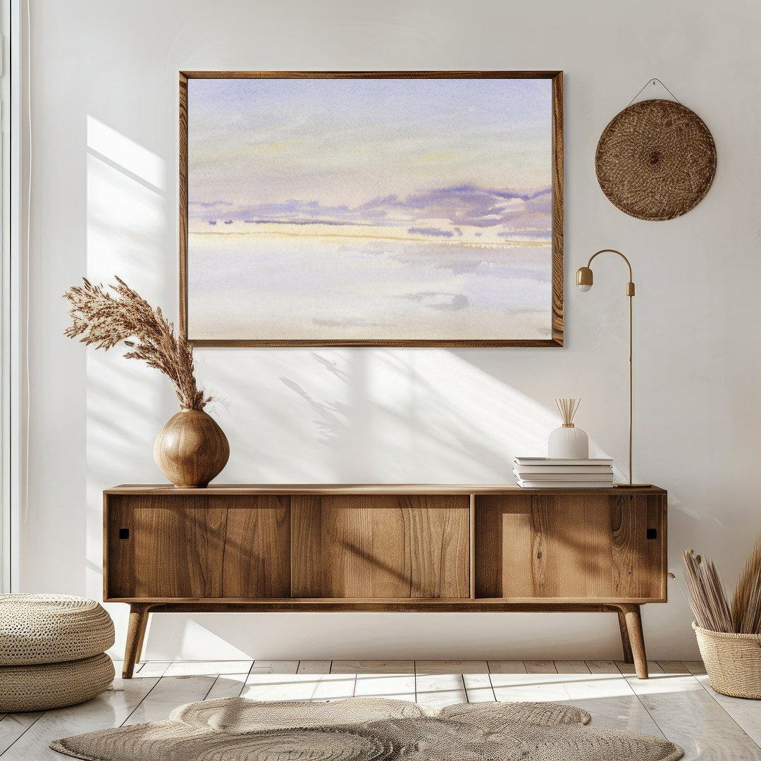 This exquisite watercolor artwork captures the tranquil essence of a lavender-tinted horizon at for Sitting Area