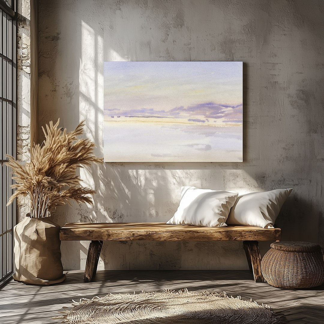 This exquisite watercolor artwork captures the tranquil essence of a lavender-tinted horizon at for Veranda