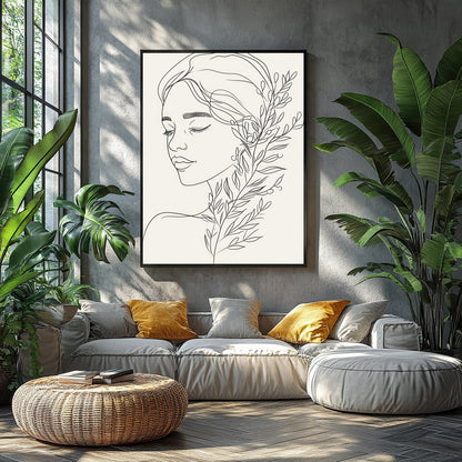 Experience the tranquility of this minimalist line art portrait, featuring a graceful female figure for Balcony
