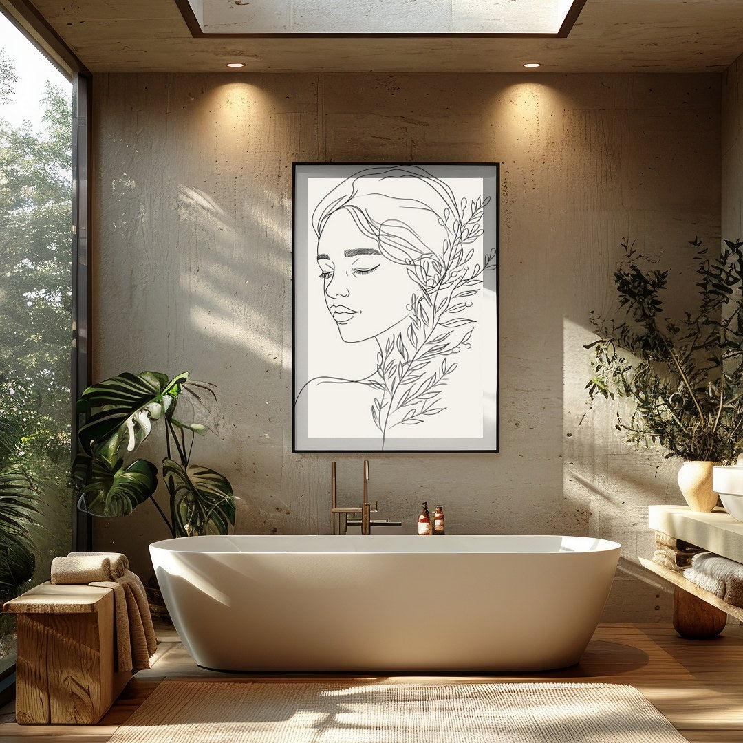 Experience the tranquility of this minimalist line art portrait, featuring a graceful female figure for Bathroom