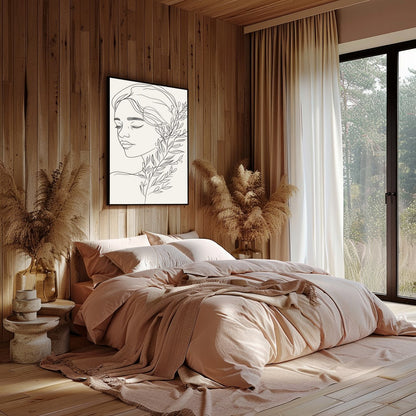 Experience the tranquility of this minimalist line art portrait, featuring a graceful female figure for Bedroom