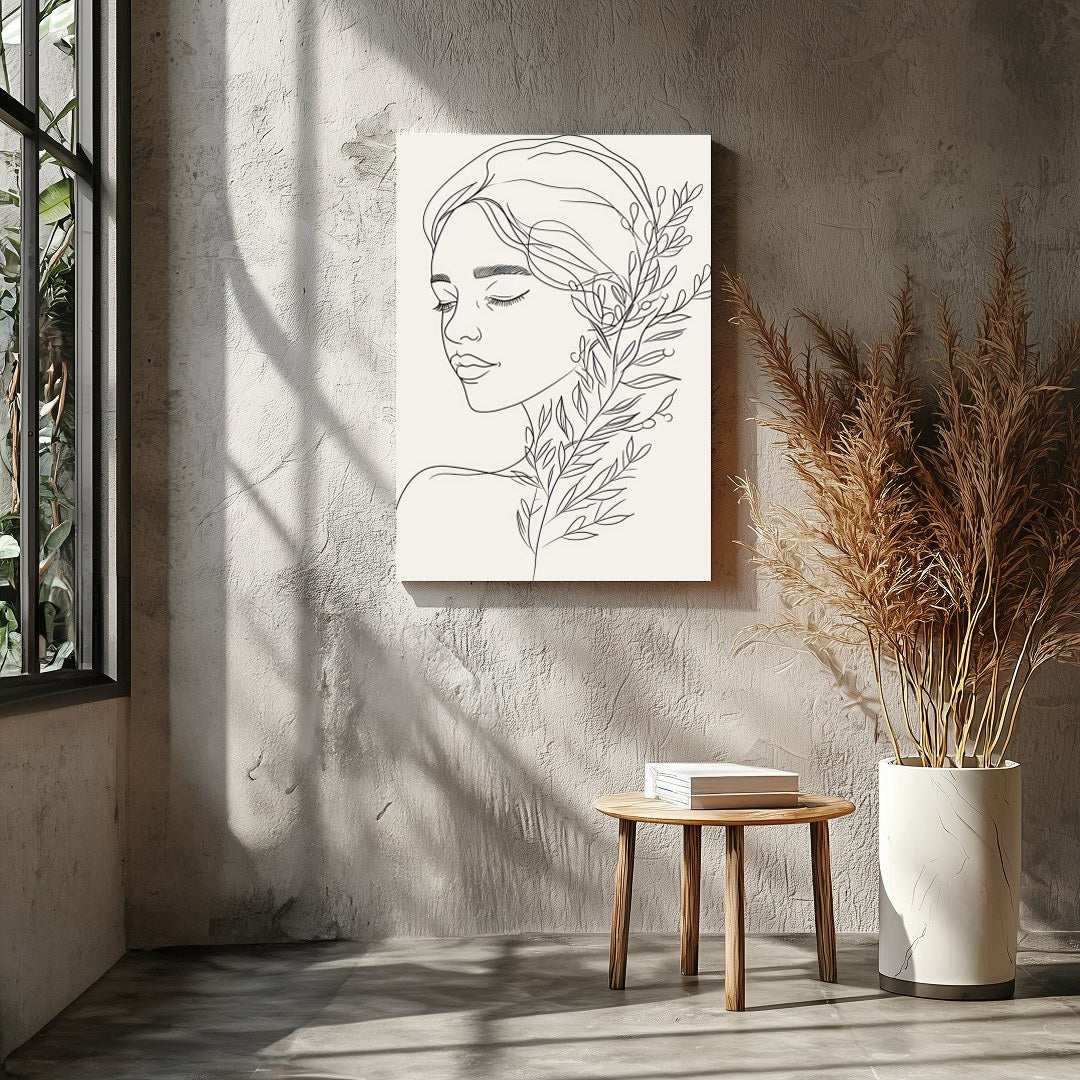 Experience the tranquility of this minimalist line art portrait, featuring a graceful female figure for Entrance