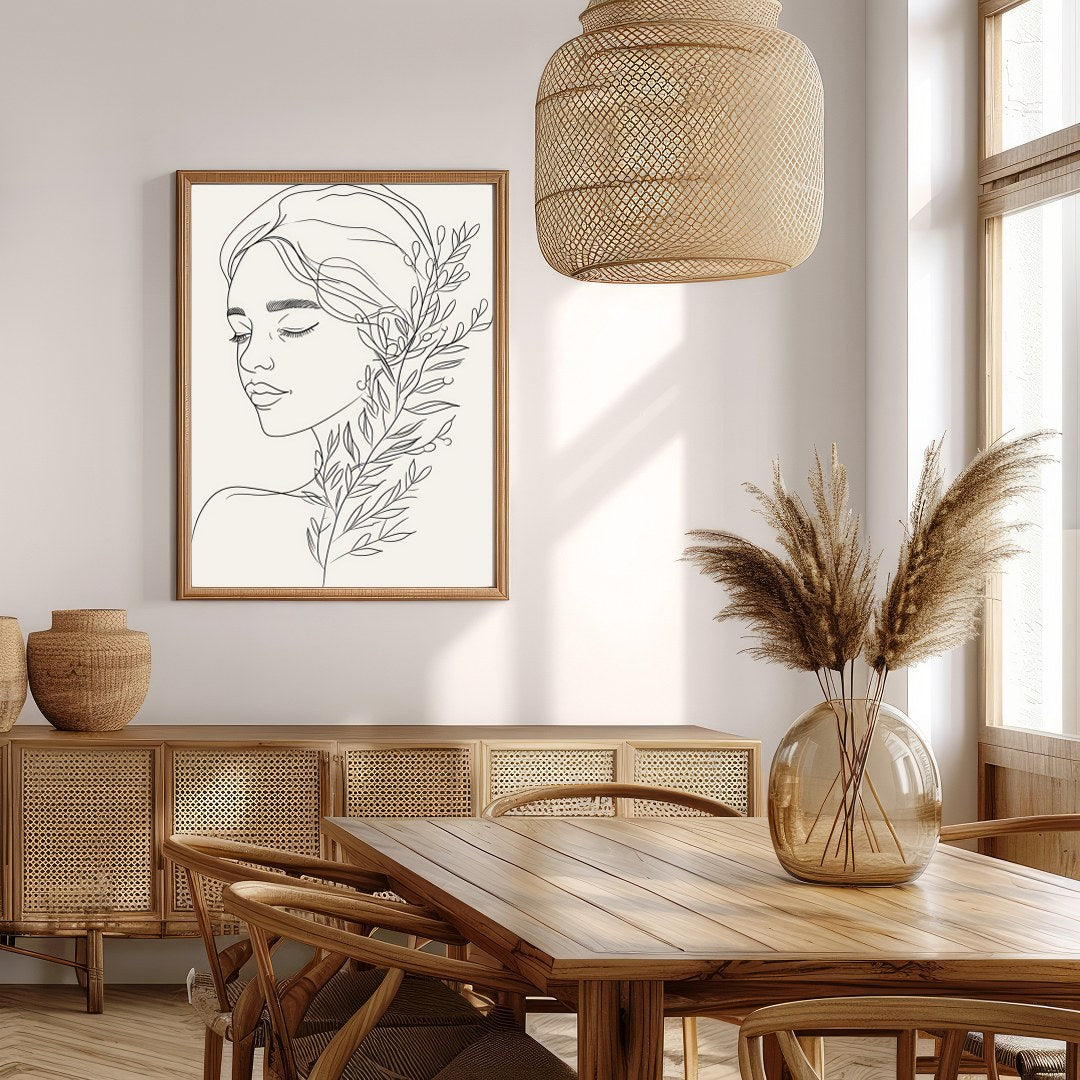 Experience the tranquility of this minimalist line art portrait, featuring a graceful female figure for Extra Kitchen