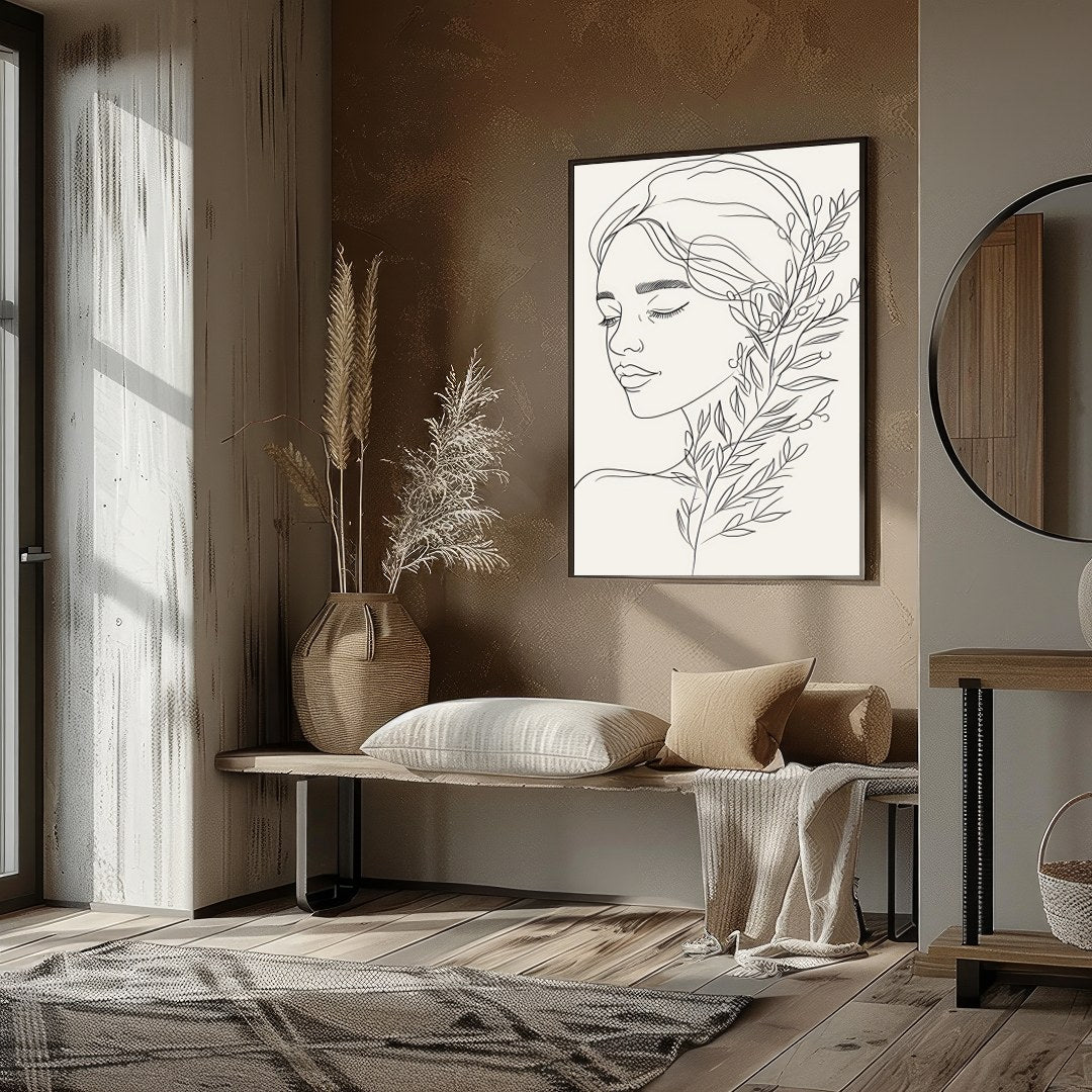 Experience the tranquility of this minimalist line art portrait, featuring a graceful female figure for living-space