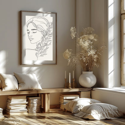 Experience the tranquility of this minimalist line art portrait, featuring a graceful female figure for room