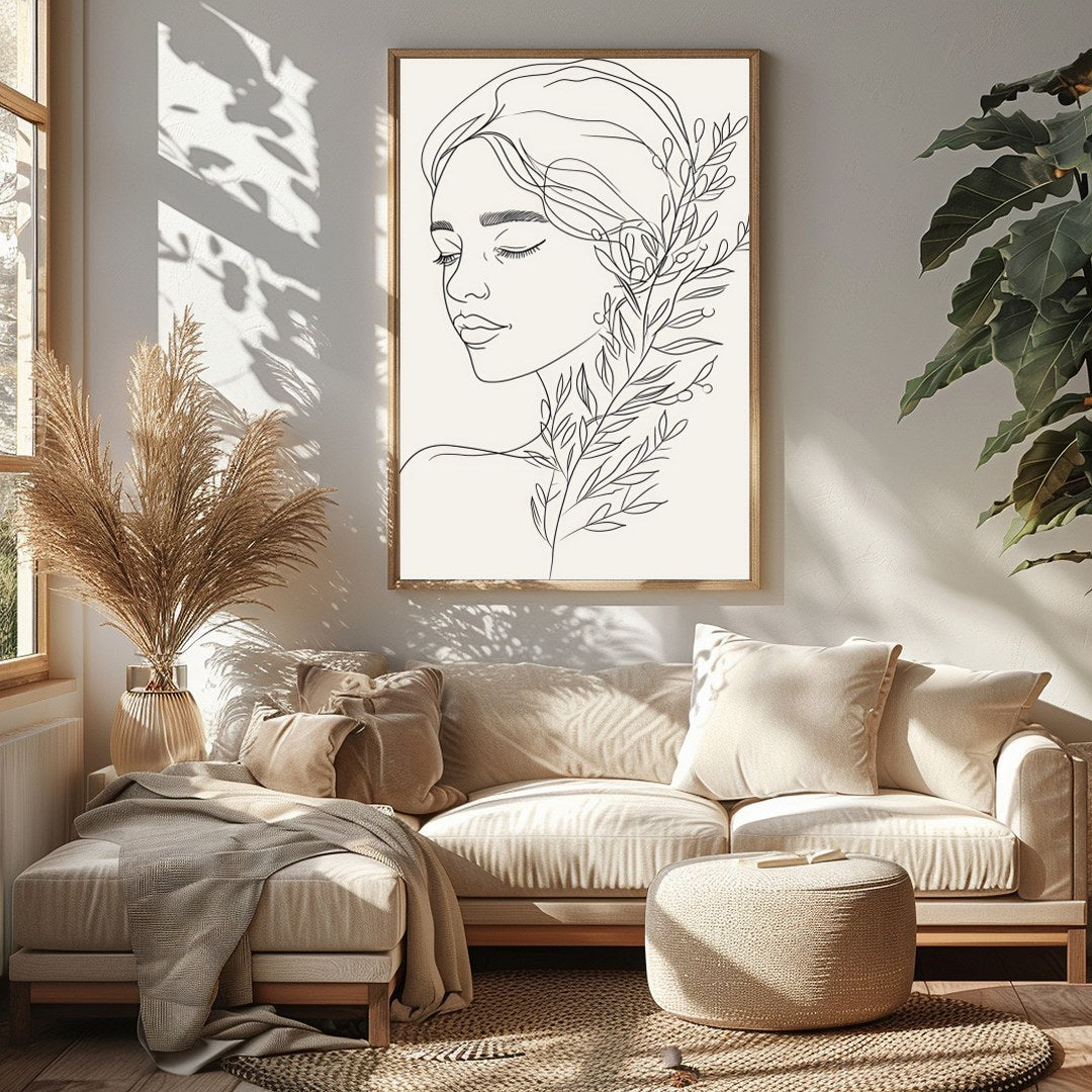 Experience the tranquility of this minimalist line art portrait, featuring a graceful female figure for Sitting Area