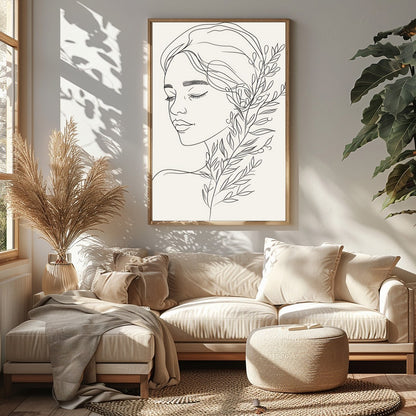 Experience the tranquility of this minimalist line art portrait, featuring a graceful female figure for Sitting Area