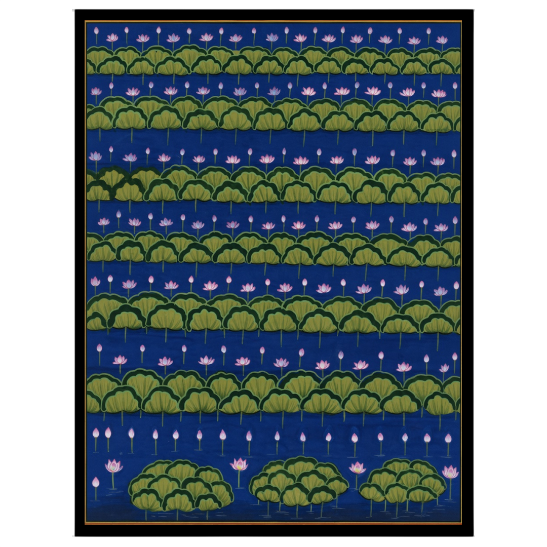 Immerse yourself in the tranquil beauty of this captivating Pichwai artwork, where rows of blooming for bedroom