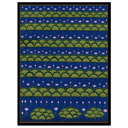 Immerse yourself in the tranquil beauty of this captivating Pichwai artwork, where rows of blooming for bedroom
