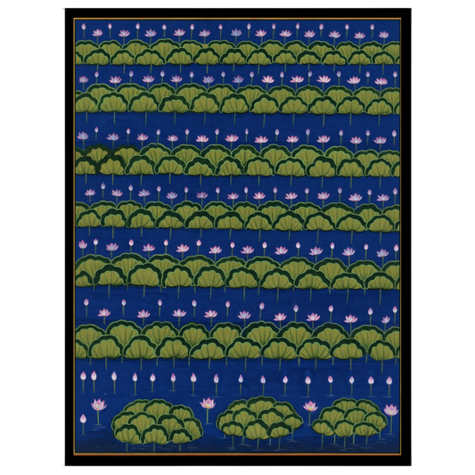 Immerse yourself in the tranquil beauty of this captivating Pichwai artwork, where rows of blooming for bedroom