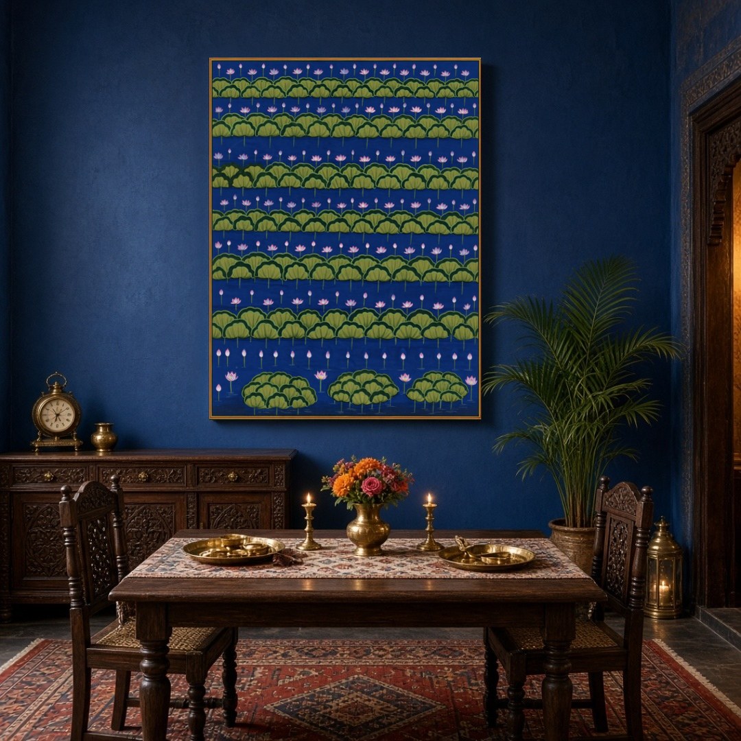 Immerse yourself in the tranquil beauty of this captivating Pichwai artwork, where rows of blooming for Dining