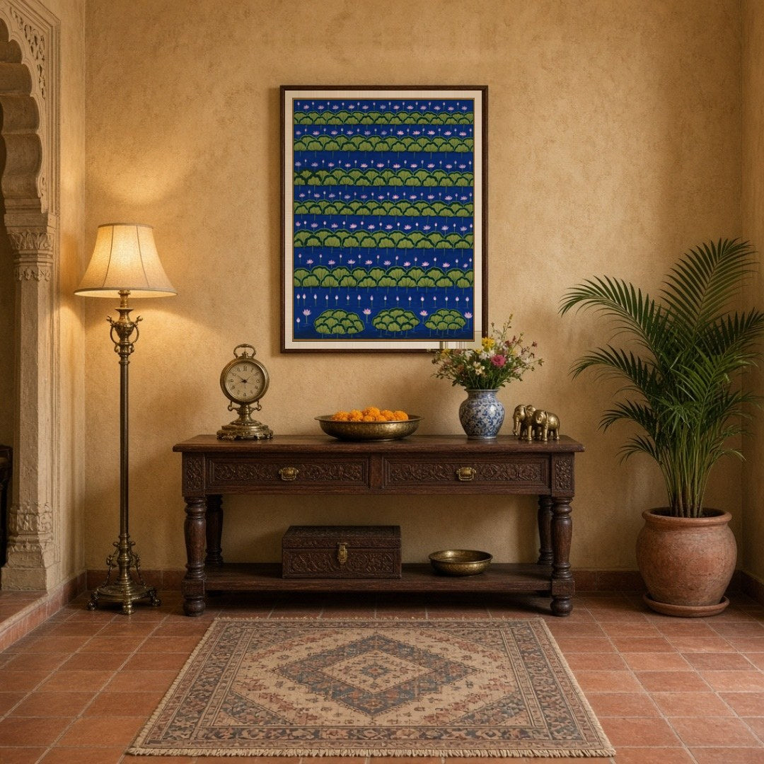 Immerse yourself in the tranquil beauty of this captivating Pichwai artwork, where rows of blooming for Entrance