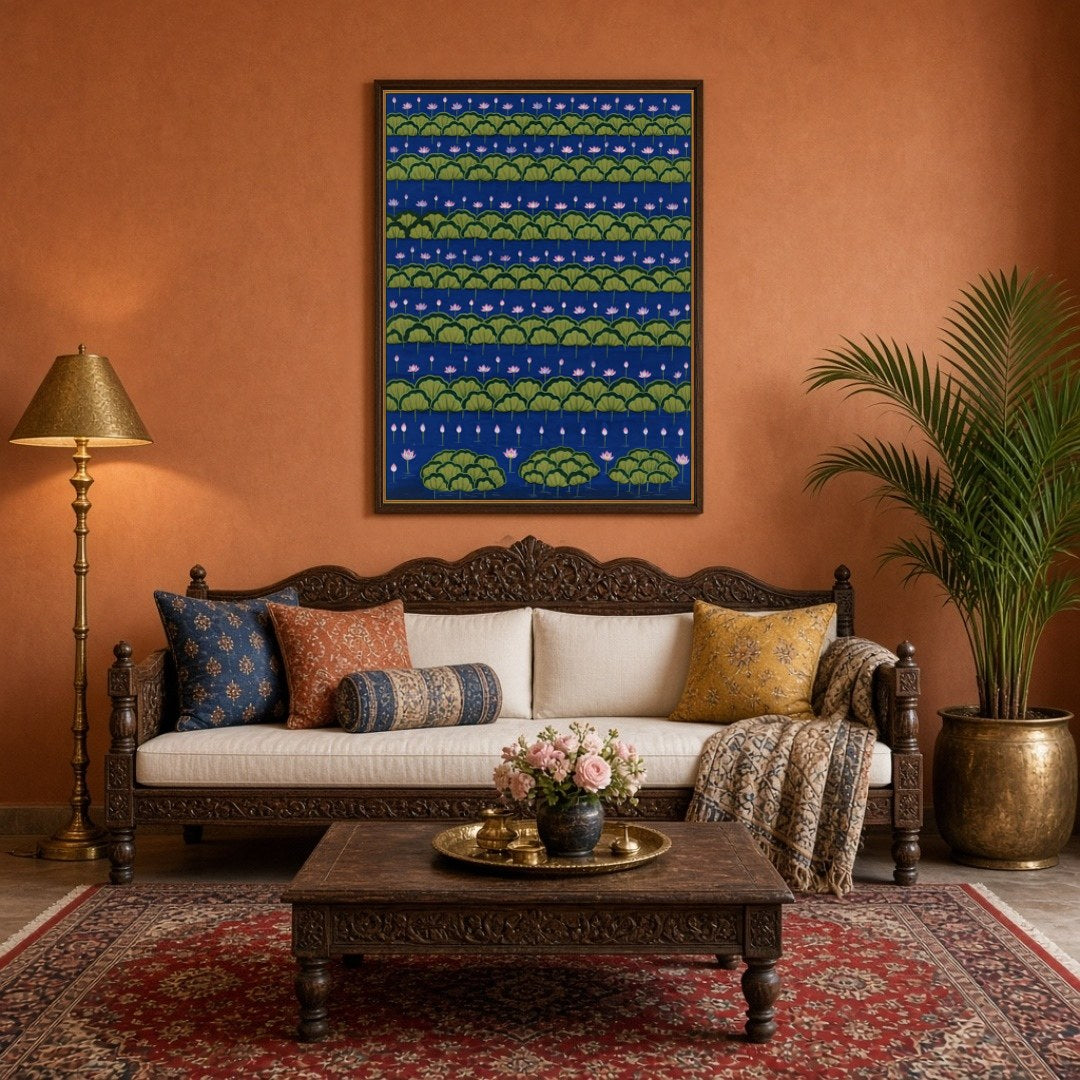 Immerse yourself in the tranquil beauty of this captivating Pichwai artwork, where rows of blooming for Living Room