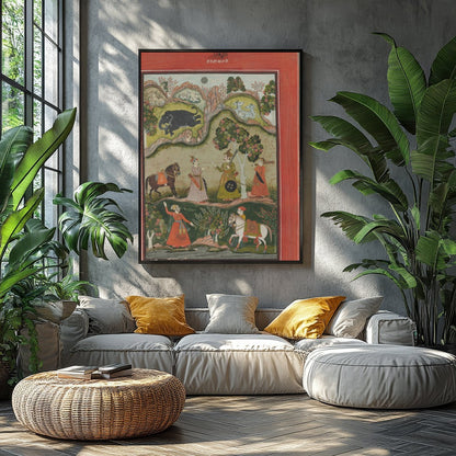 Immerse yourself in the regal charm of this traditional Indian artwork depicting a serene garden for Balcony