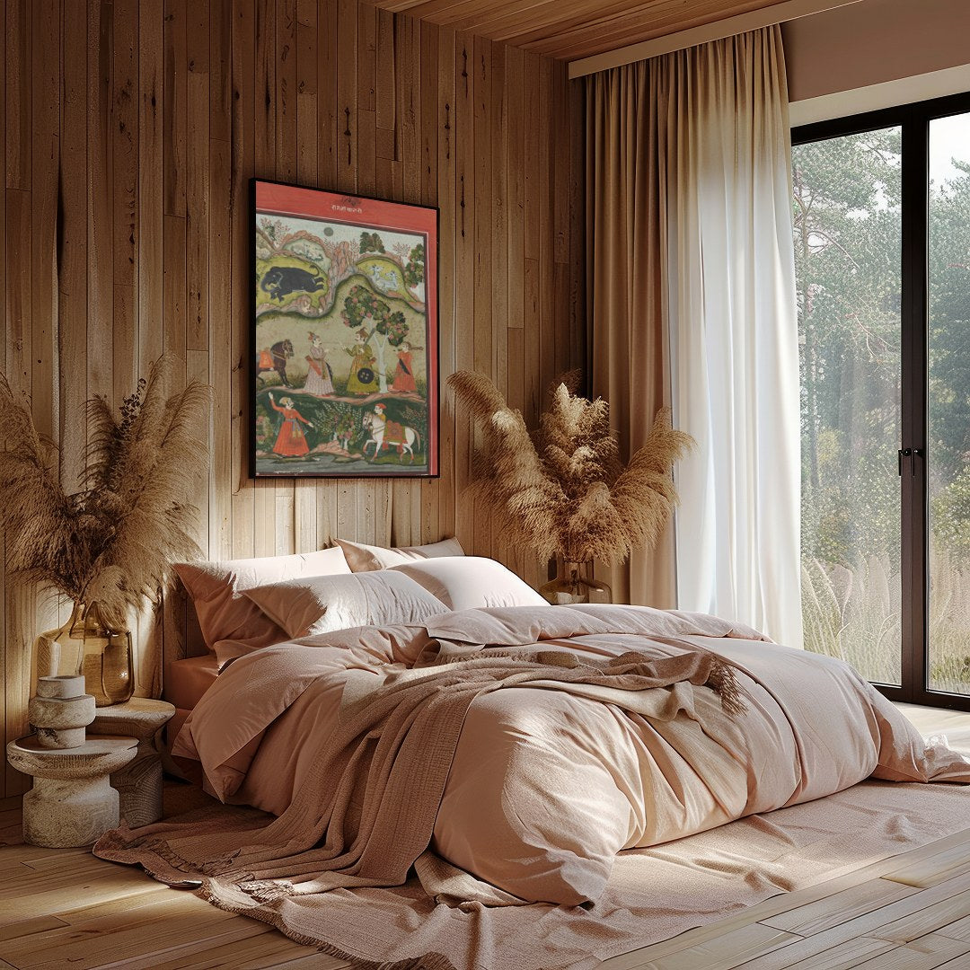 Immerse yourself in the regal charm of this traditional Indian artwork depicting a serene garden for Bedroom