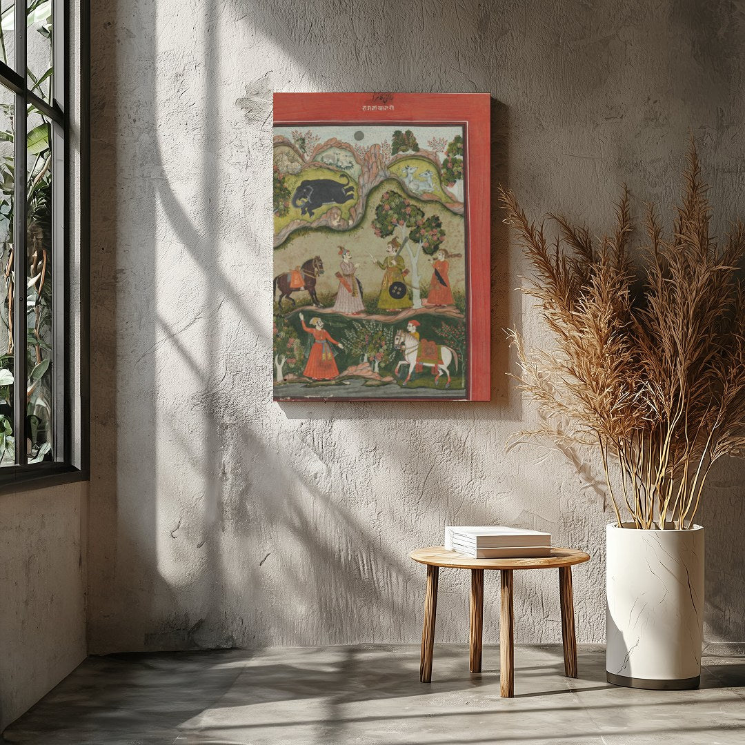 Immerse yourself in the regal charm of this traditional Indian artwork depicting a serene garden for Entrance