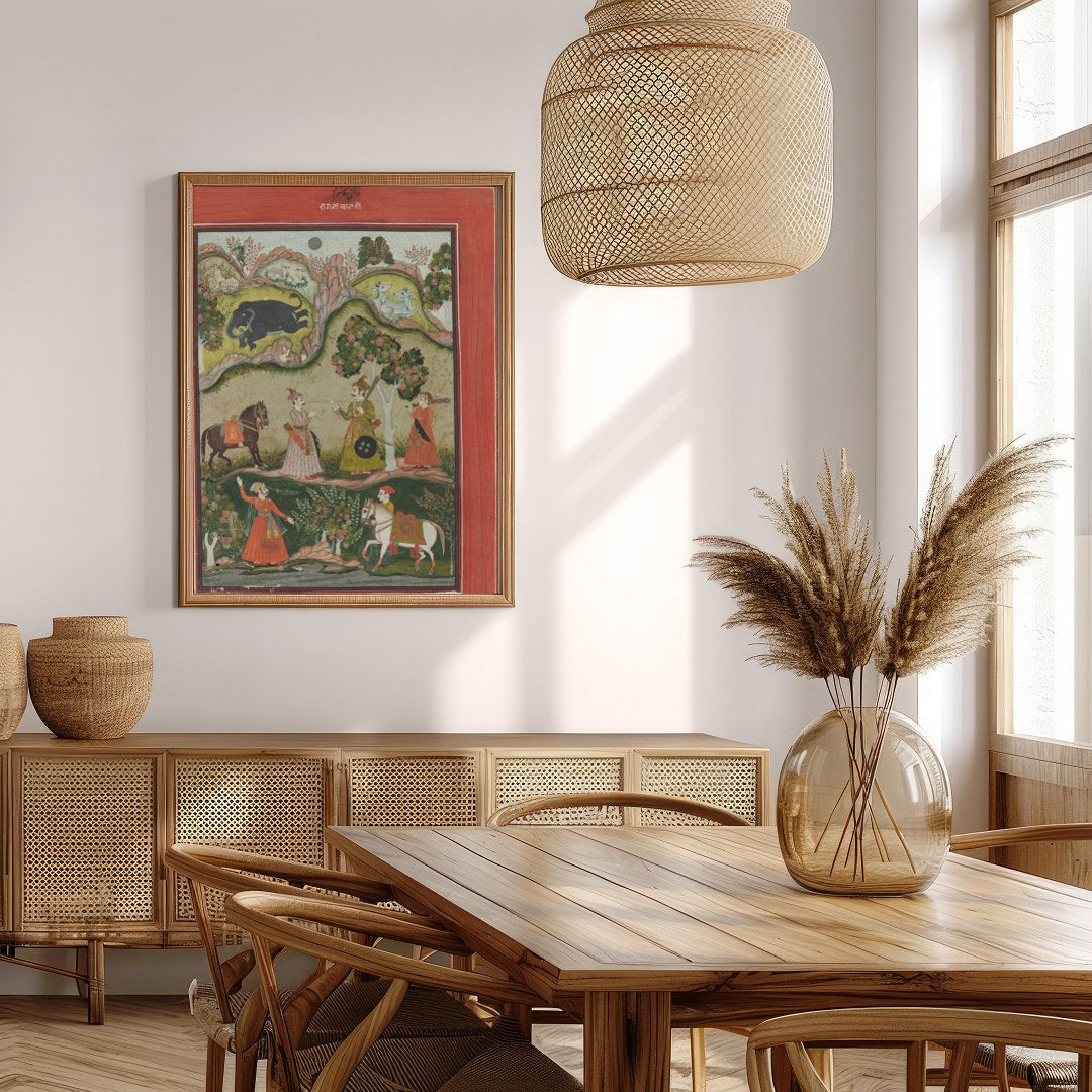 Immerse yourself in the regal charm of this traditional Indian artwork depicting a serene garden for Extra Kitchen