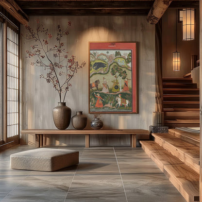 Immerse yourself in the regal charm of this traditional Indian artwork depicting a serene garden for Hall