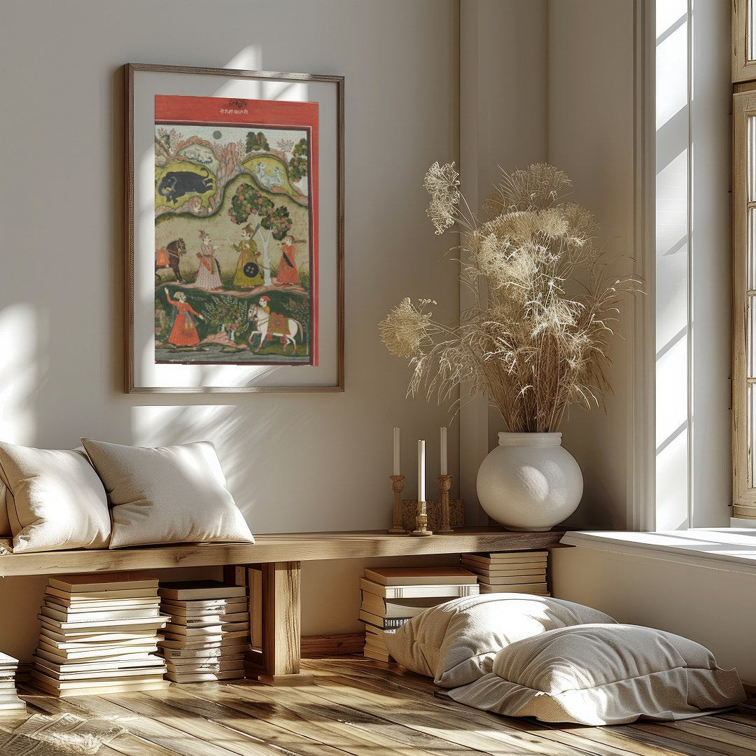 Immerse yourself in the regal charm of this traditional Indian artwork depicting a serene garden for nook