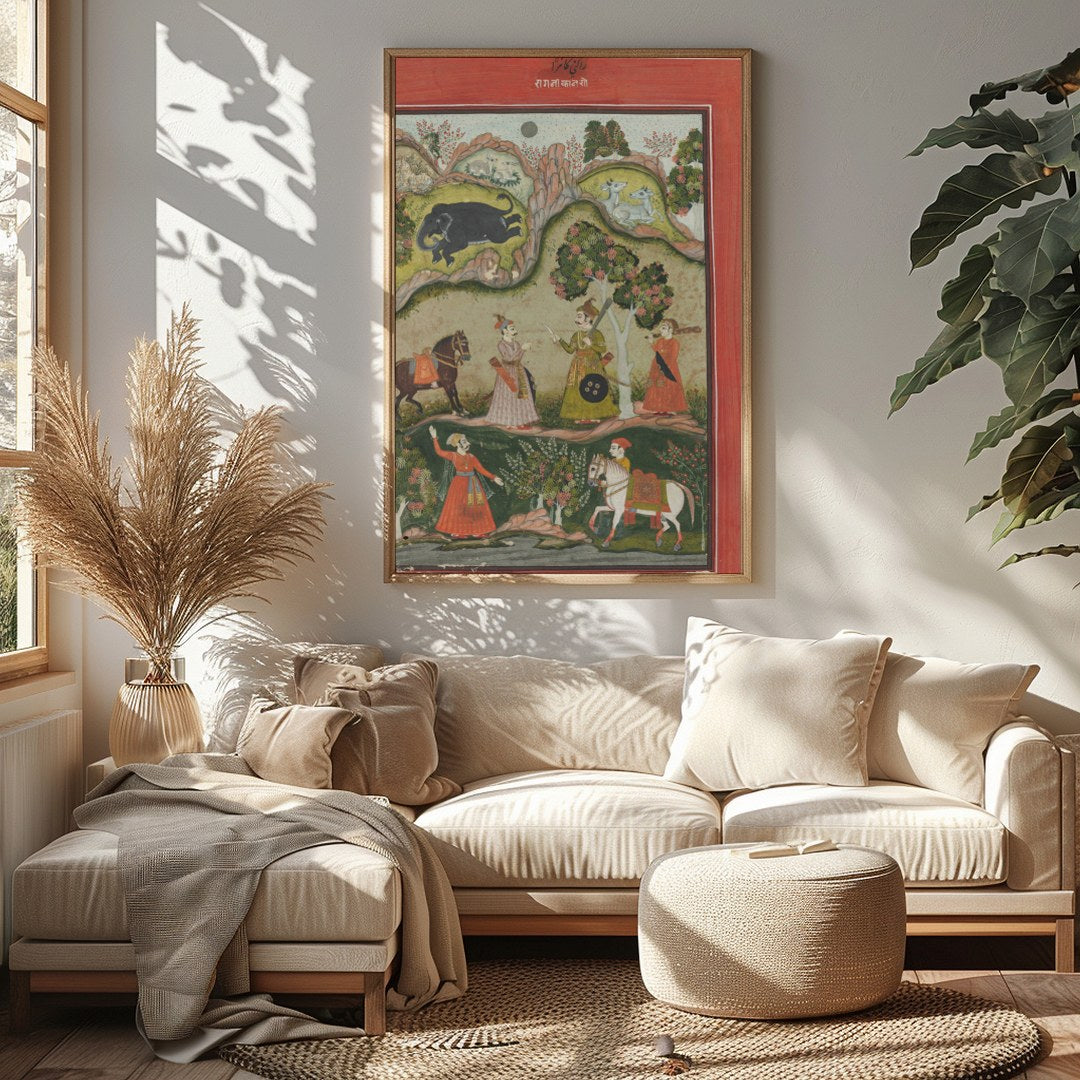Immerse yourself in the regal charm of this traditional Indian artwork depicting a serene garden for Sitting Area