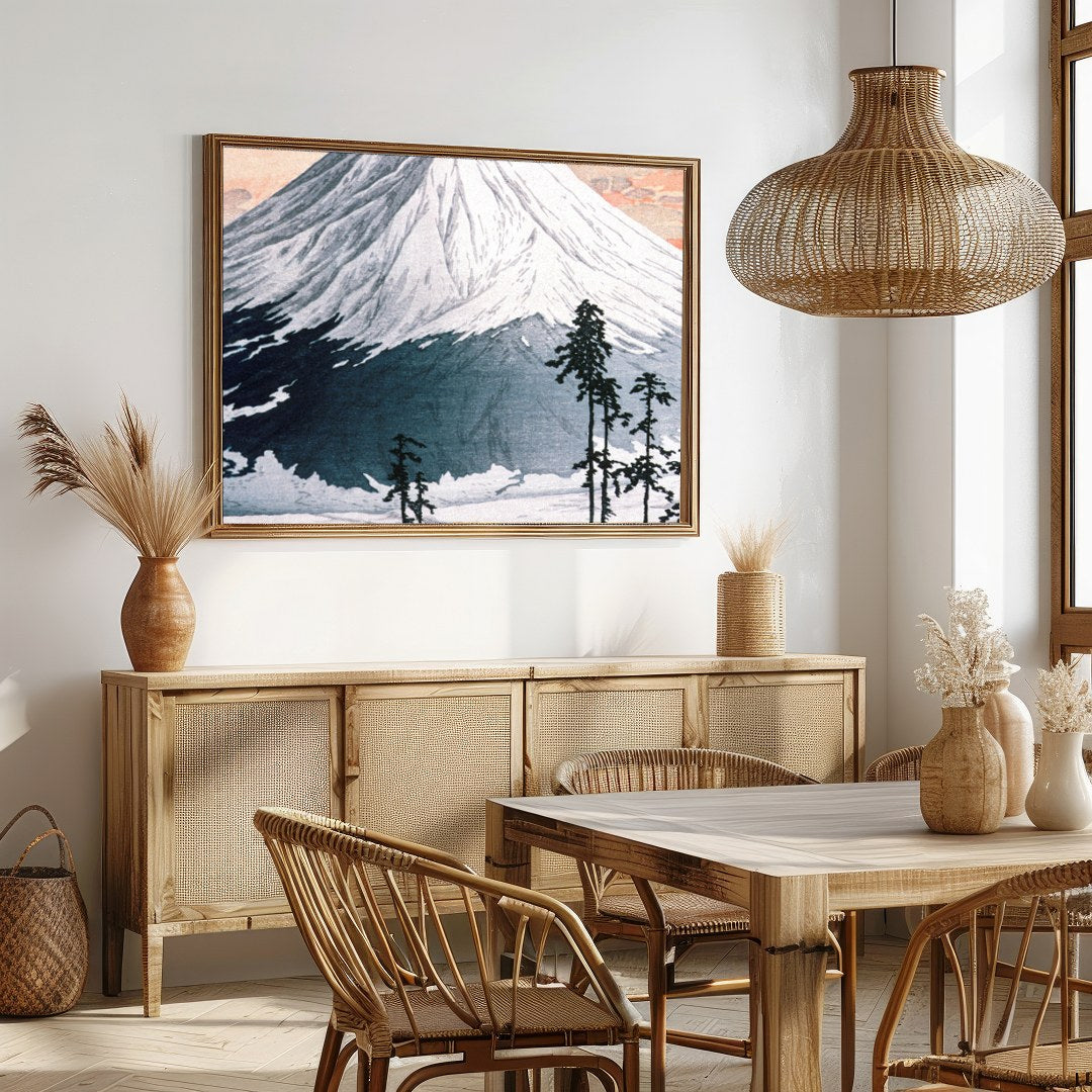 This exquisite print captures the serene beauty of Mount Fuji as the sun sets, casting a gentle for Dining