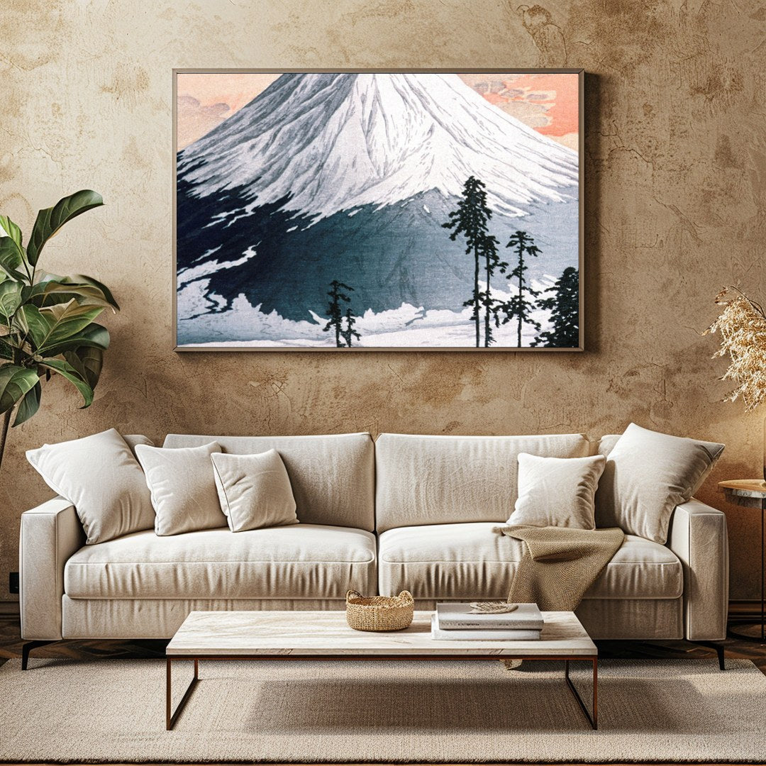 This exquisite print captures the serene beauty of Mount Fuji as the sun sets, casting a gentle for Family Room