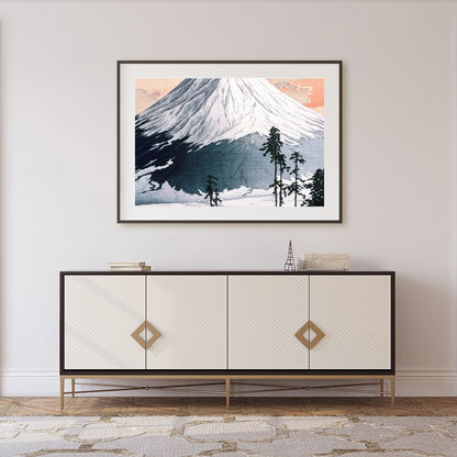 This exquisite print captures the serene beauty of Mount Fuji as the sun sets, casting a gentle for Foyer