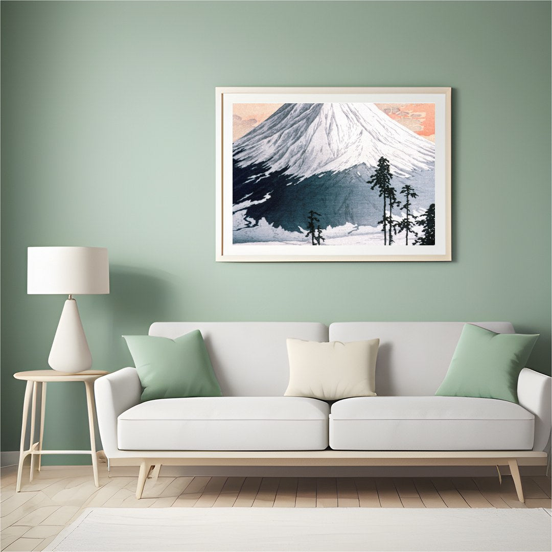 This exquisite print captures the serene beauty of Mount Fuji as the sun sets, casting a gentle for Hall