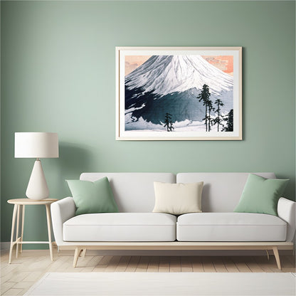 This exquisite print captures the serene beauty of Mount Fuji as the sun sets, casting a gentle for Hall