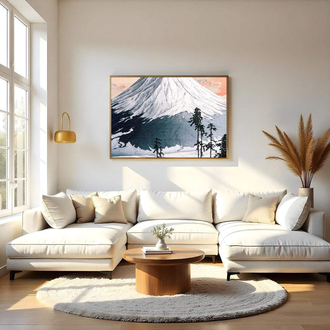 This exquisite print captures the serene beauty of Mount Fuji as the sun sets, casting a gentle for Living Room