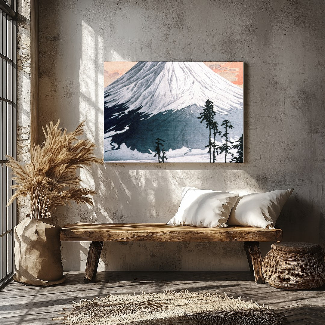 This exquisite print captures the serene beauty of Mount Fuji as the sun sets, casting a gentle for Veranda